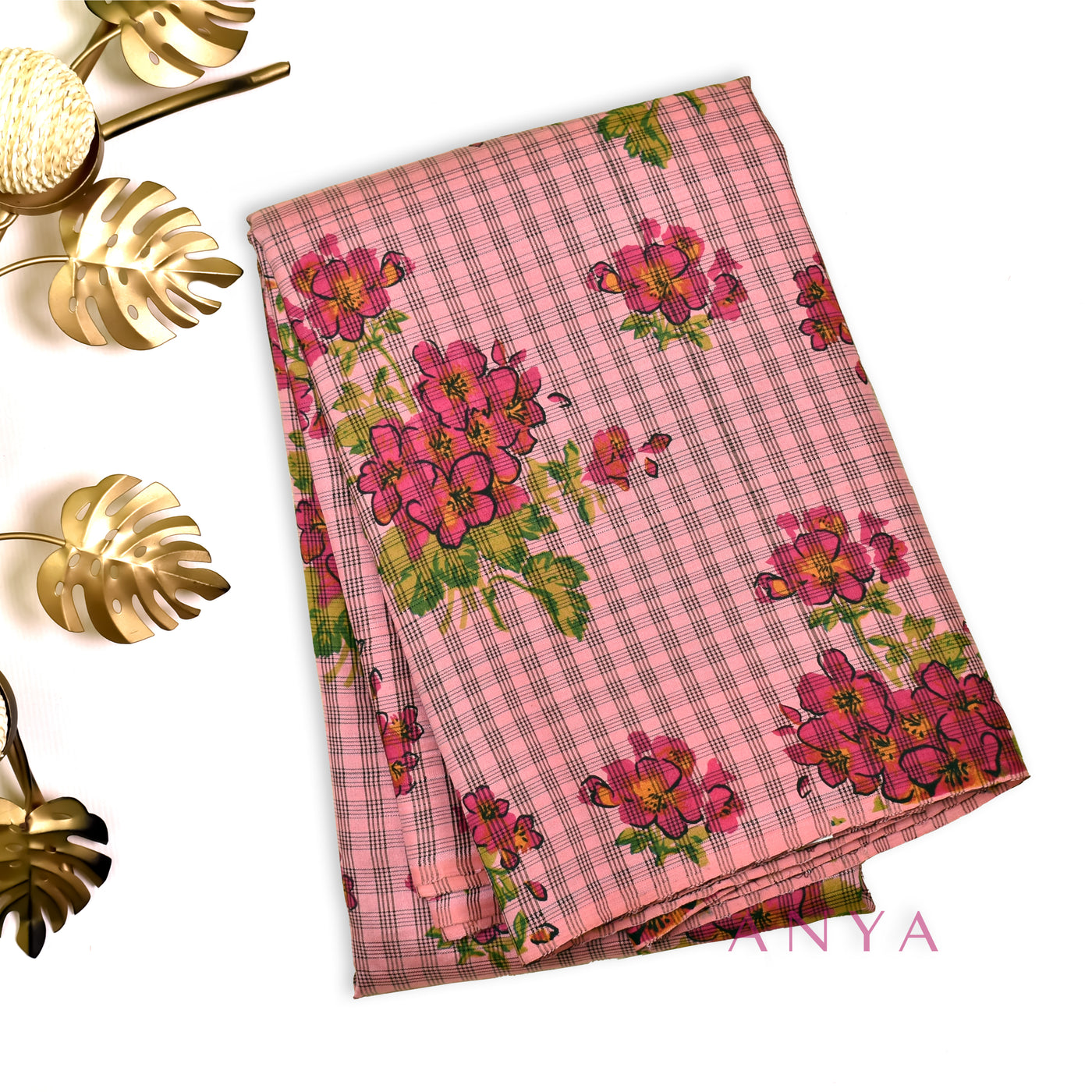 Pink Printed Kanchi Silk Saree with Small Checks and Floral Design