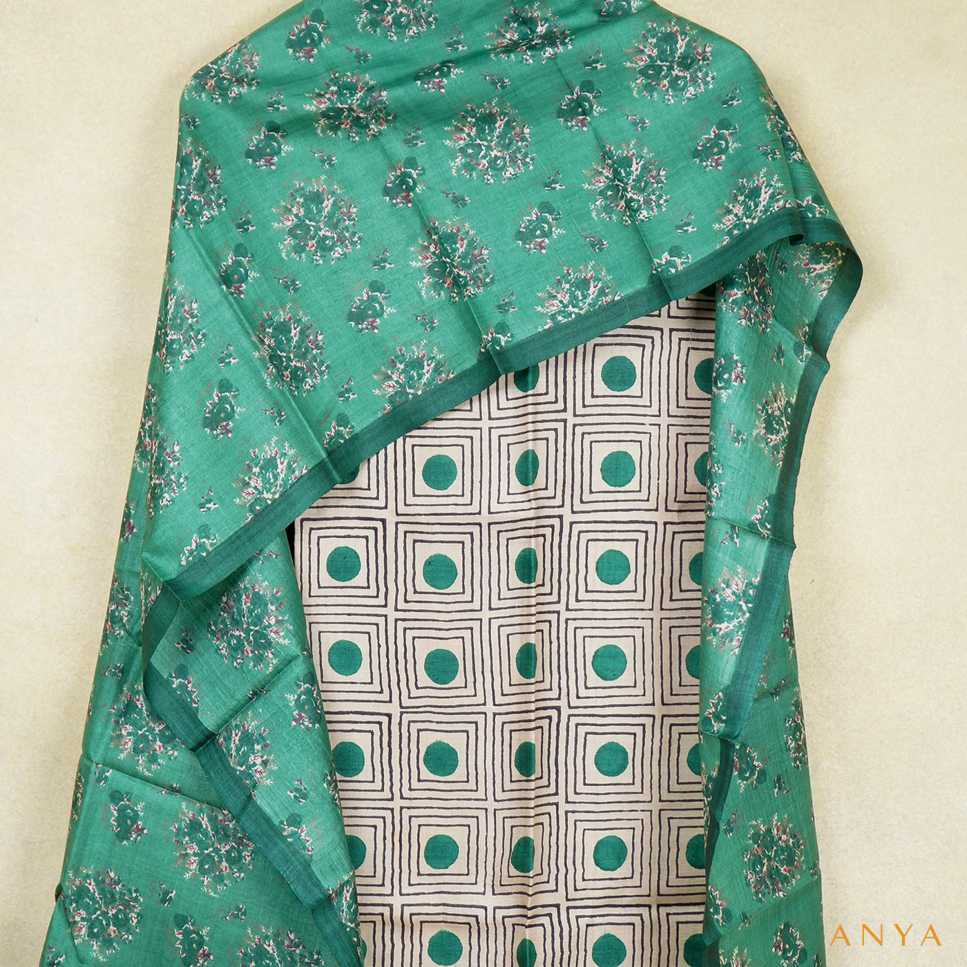 Off White Tussar Silk Salwar with Dark Green Floral Printed Dupatta