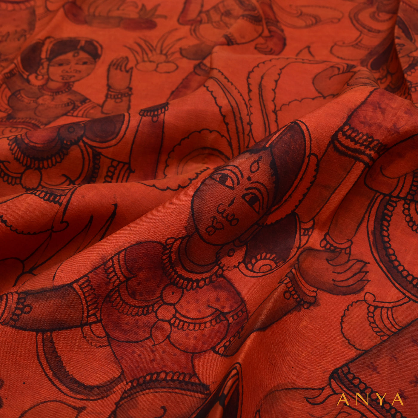 Rust Pen Kalamkari Kanchi Silk Fabric with Dancing Doll Design