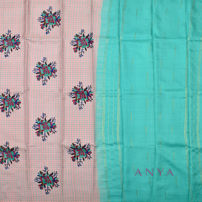 Baby Pink Printed Kanchi Silk Saree with Small Checks and Floral Design