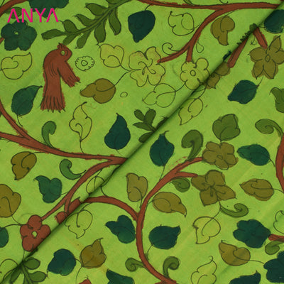 Samangha Green Pen Kalamkari Kanchi Silk Fabric with Leaf Design