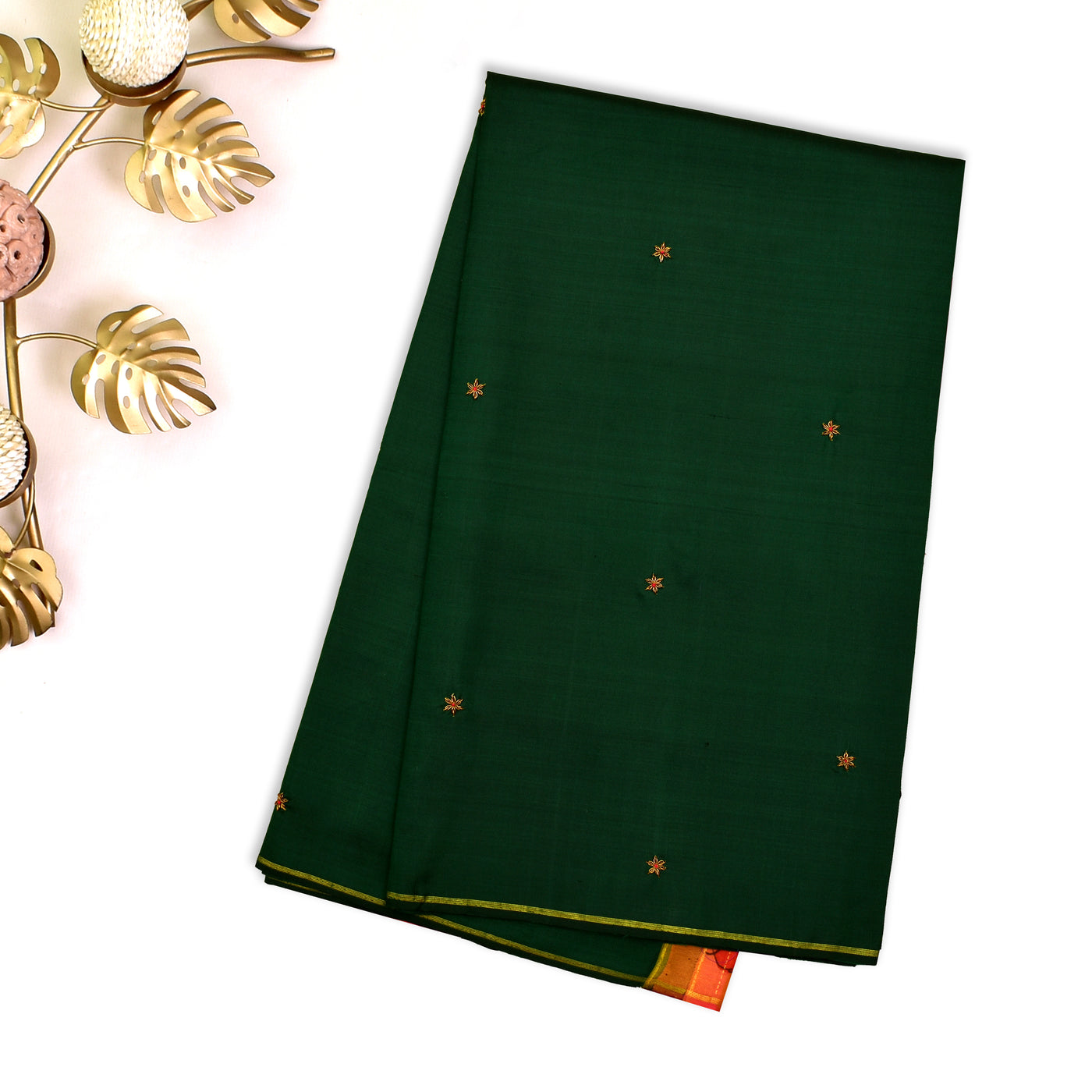 Bottle Green Embroidery Silk Saree with Rani Orange Kalamkari Pallu and Blouse
