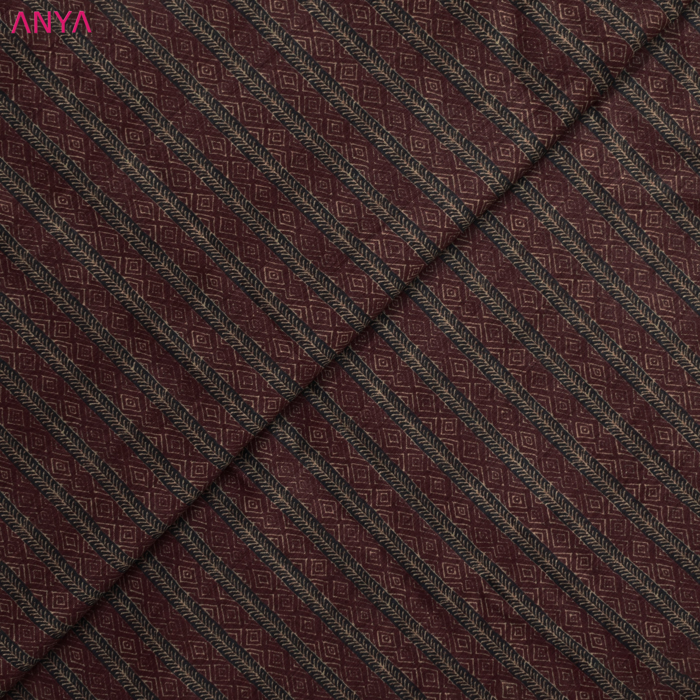 Maroon with Navy Blue Tussar Silk Fabric with Stripes Design