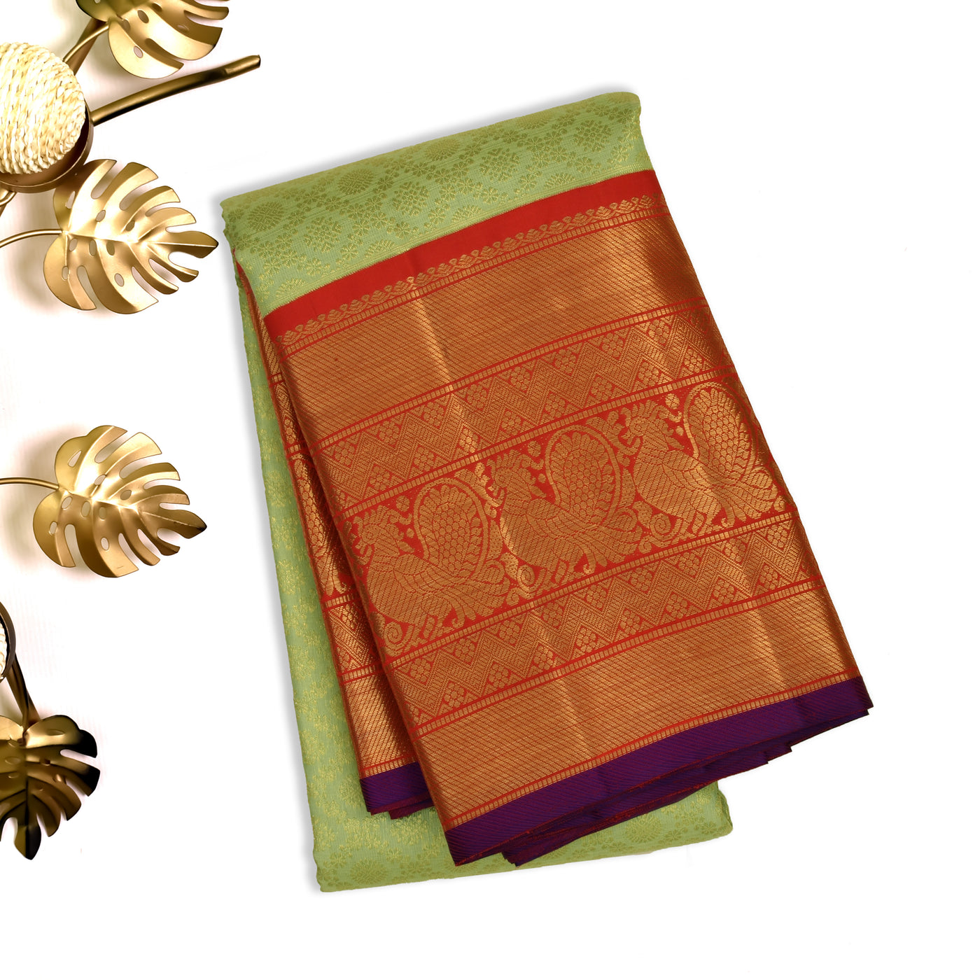 Apple Green Kanchipuram Silk Saree with Diamond Zari Design