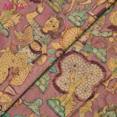 Onion Pink Pen Kalamkari Kanchi Silk Fabric with Dancing Doll Design