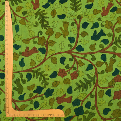 Samangha Green Pen Kalamkari Kanchi Silk Fabric with Leaf Design