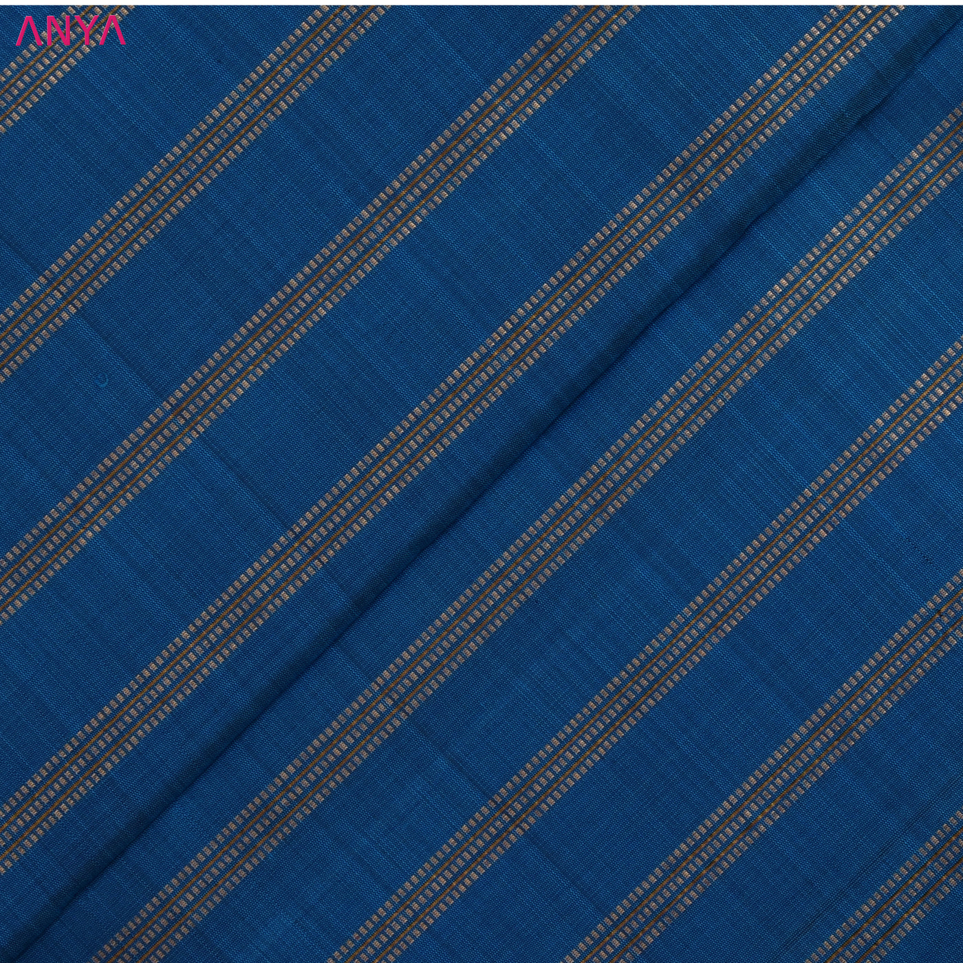 Peacock Blue Kanchi Silk Fabric with Zari Stripes Design
