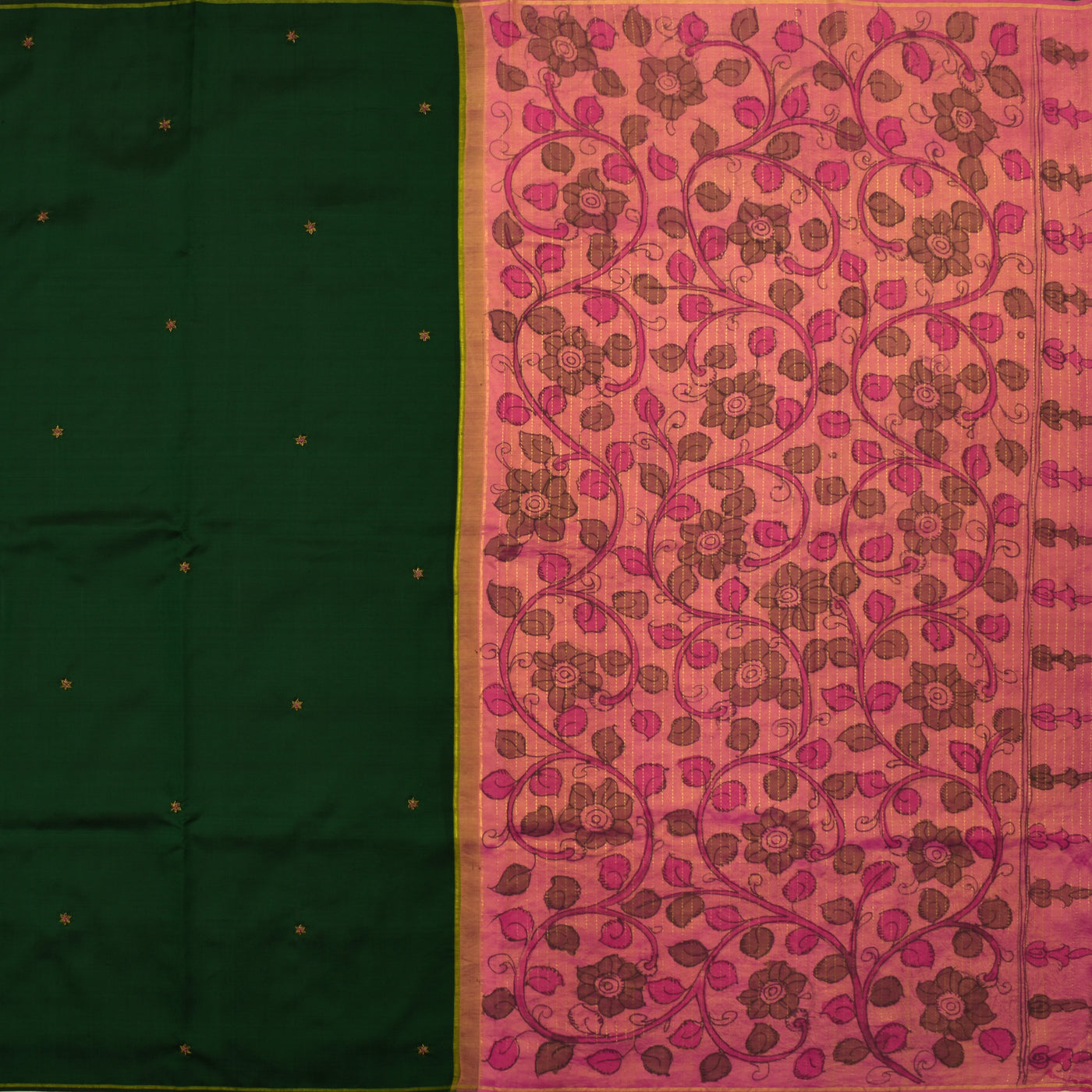 Bottle Green Embroidery Silk Saree with Rani Orange Kalamkari Pallu and Blouse