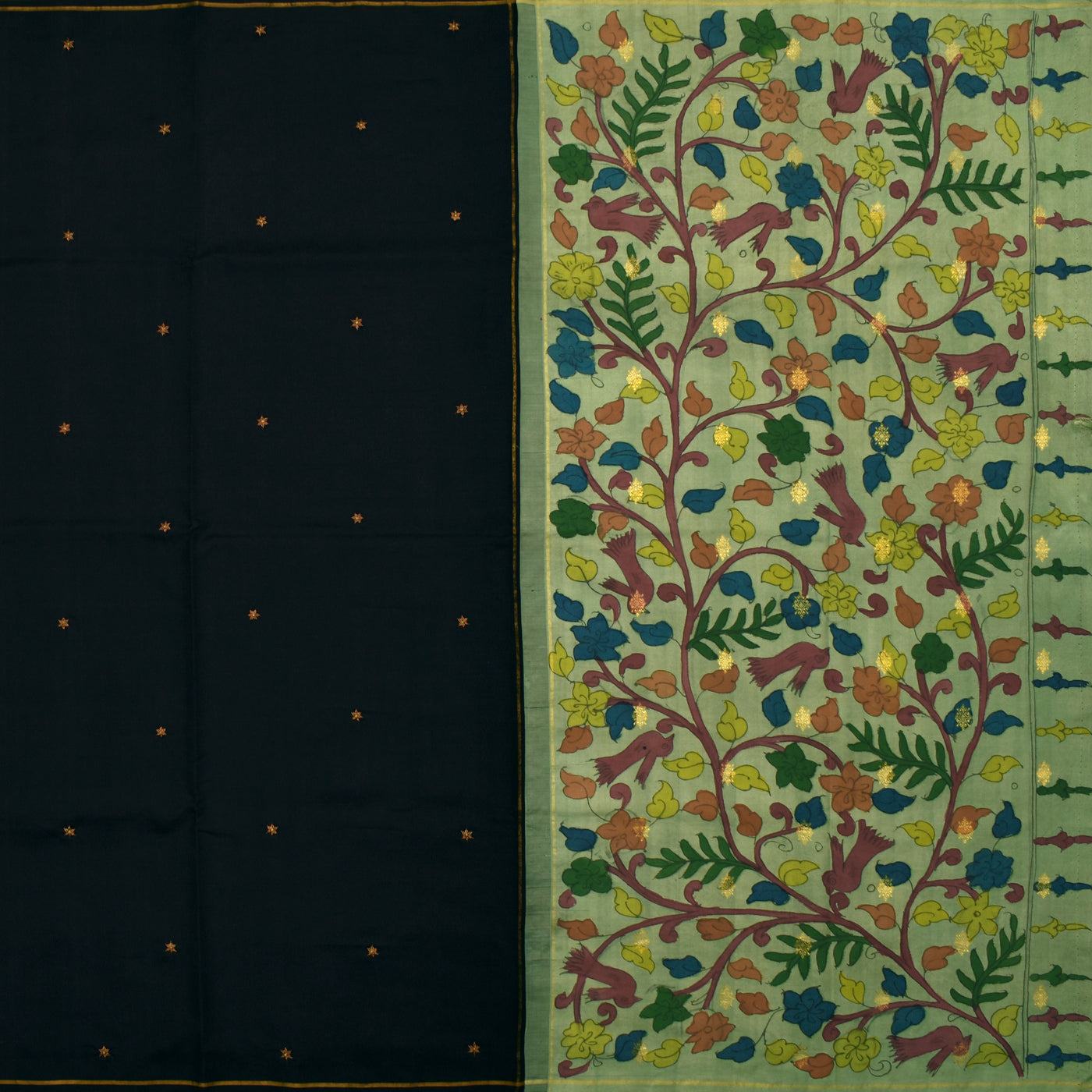 Black Embroidery Silk Saree with Apple Green Kalamkari Pallu and Blouse