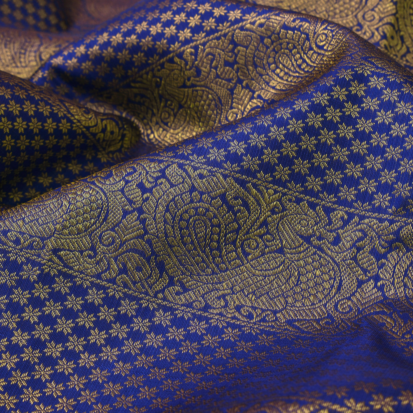 Navy Blue Kanchi Silk Fabric with Annam and Star Butta Design