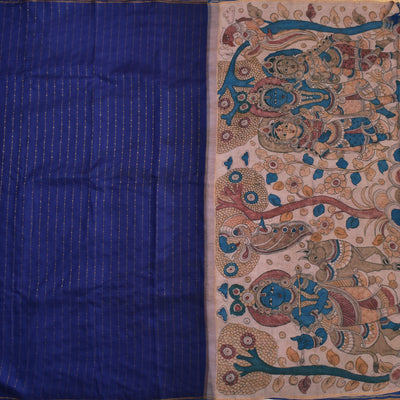 Ms Blue Pen Kalamkari Silk Saree with Dots and Stripes Design