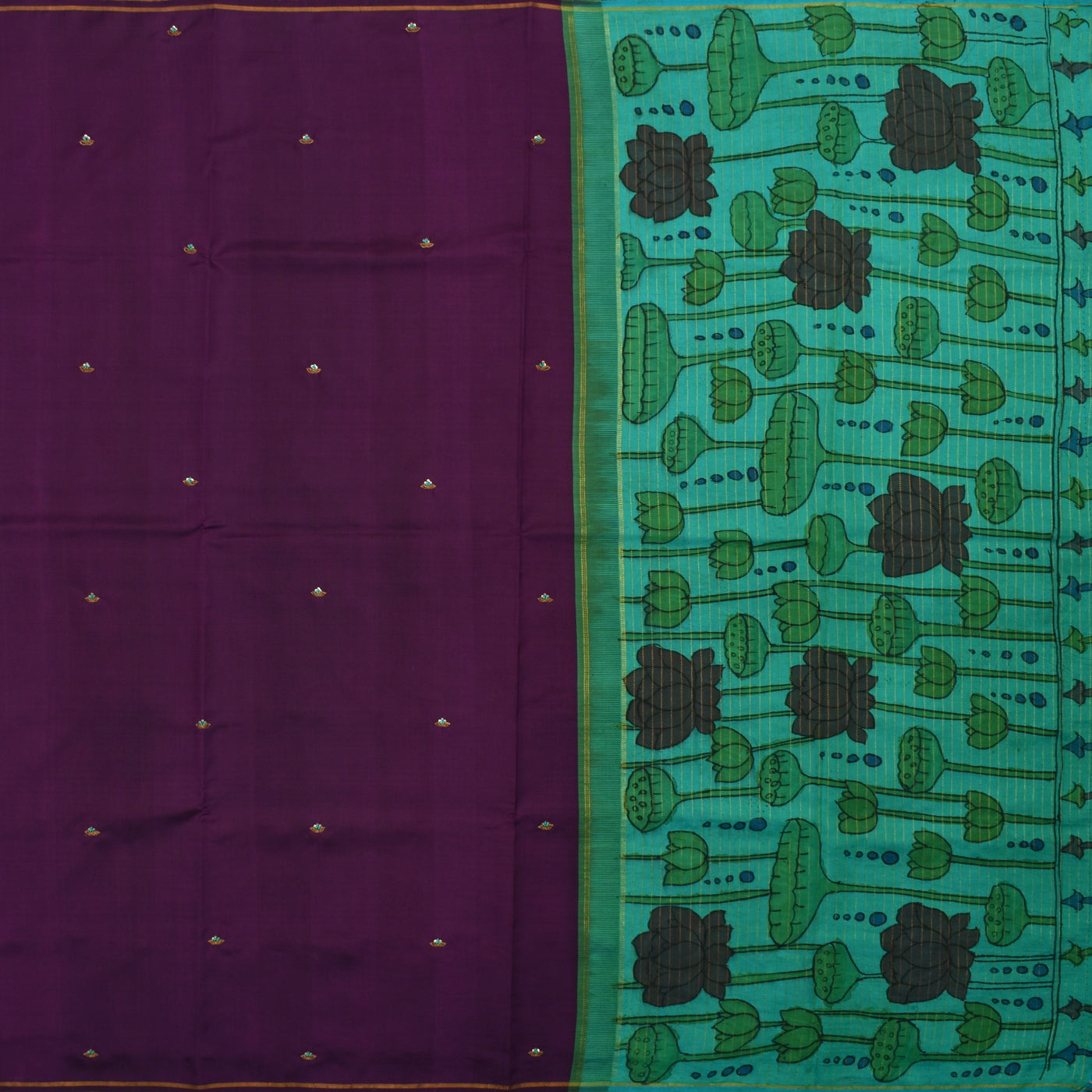 V Pakku Embroidery Silk Saree with Rexona Kalamkari Pallu and Blouse