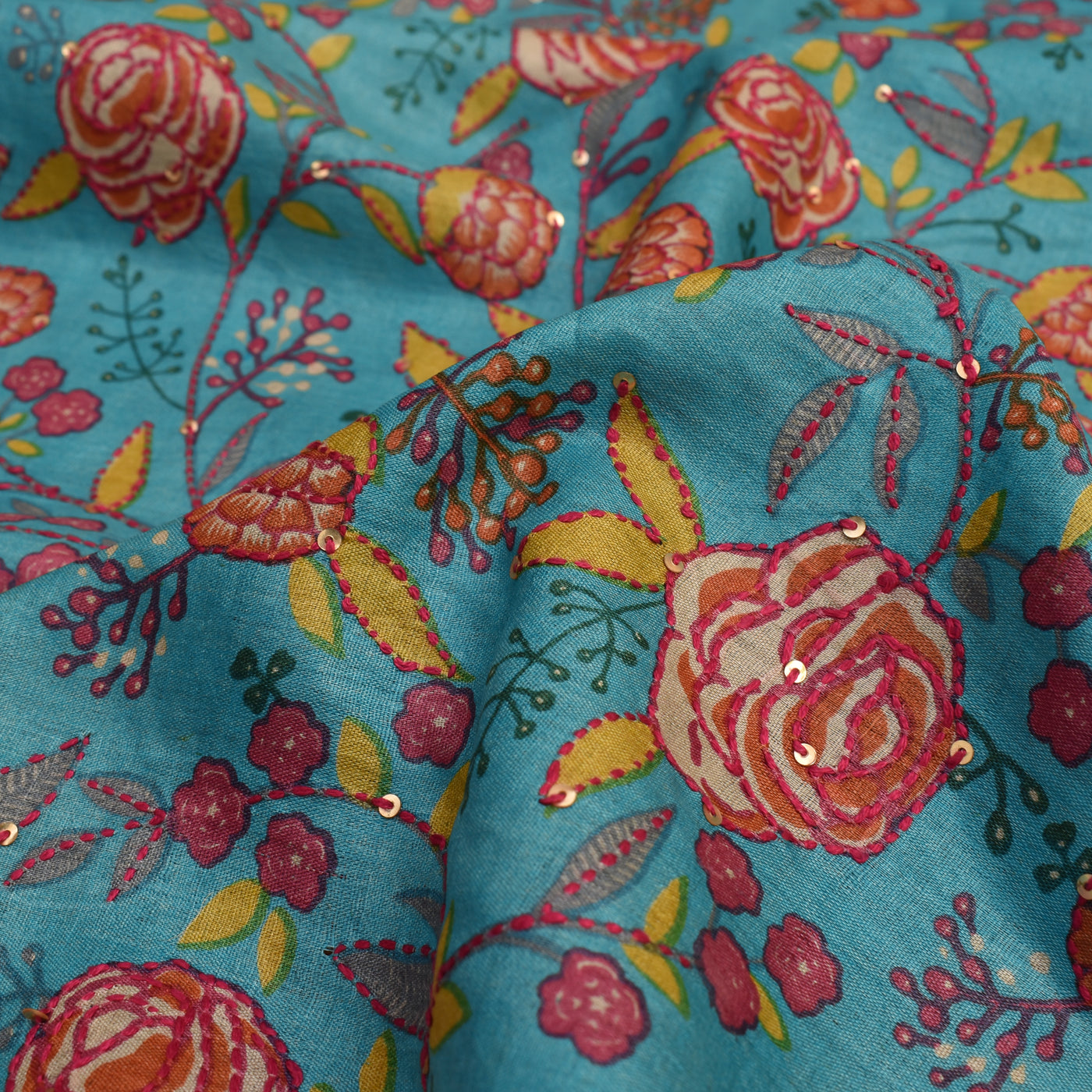 Blue Tussar Silk Fabric with Creeper Kantha Work Design