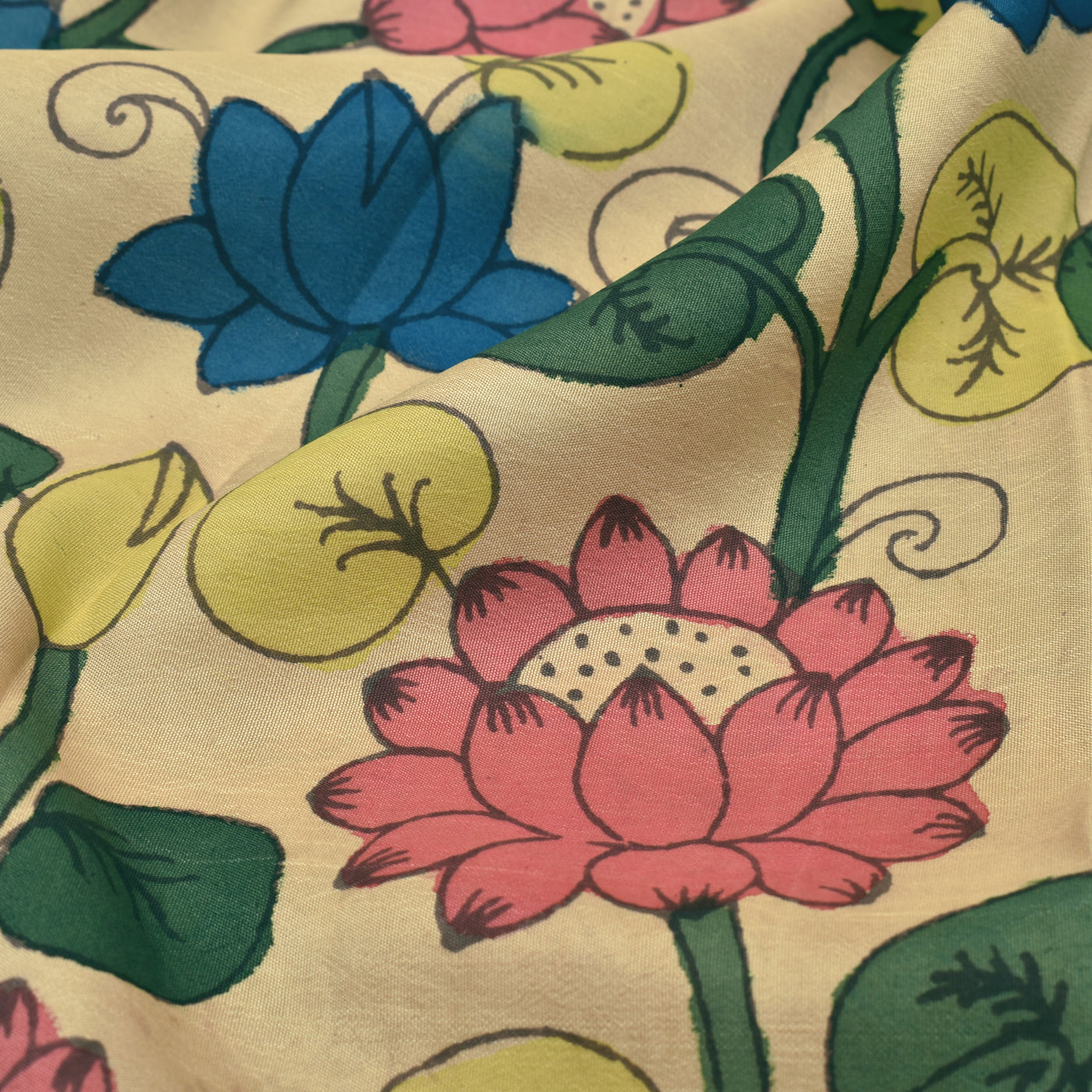Off White Pen Kalamkari Kanchi Silk Fabric with Floral Creeper Design