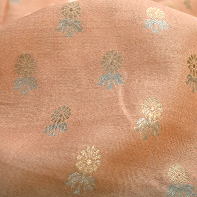 Light Peach Tussar Raw Silk Fabric with Small Flower Butta Design