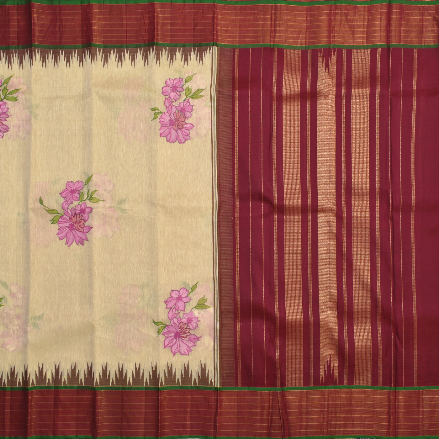 Off White Linen Hand Painted Kanchi Silk Saree with Flower Design