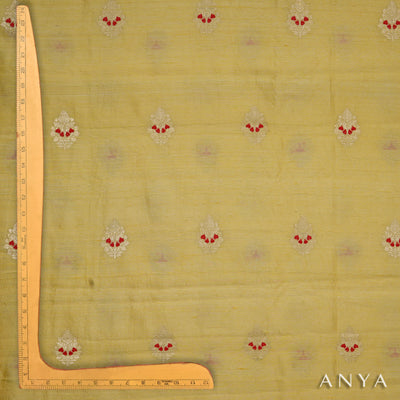 Lemon Yellow Tussar Raw Silk Fabric with Big Zari Butta Design