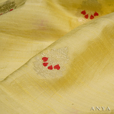 Lemon Yellow Tussar Raw Silk Fabric with Big Zari Butta Design