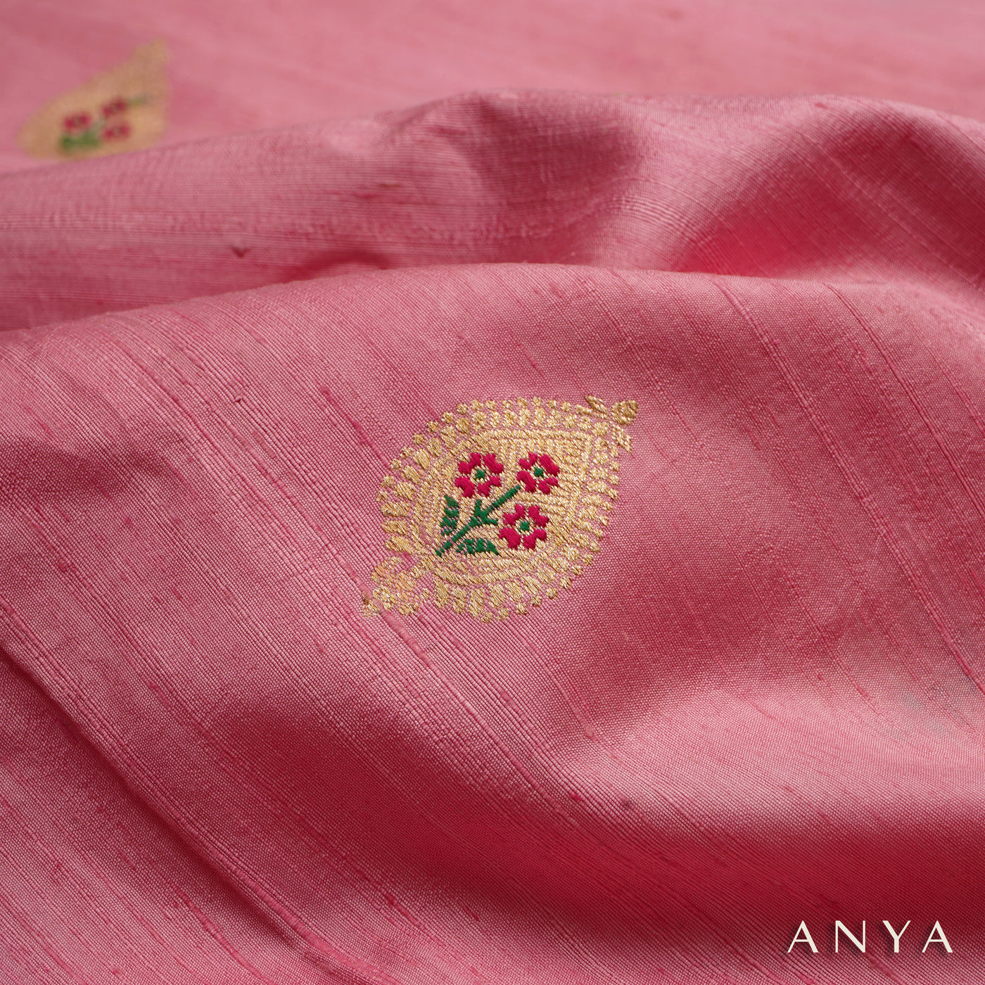 Onion Pink Tussar Raw Silk Fabric with Thilak Butta Design