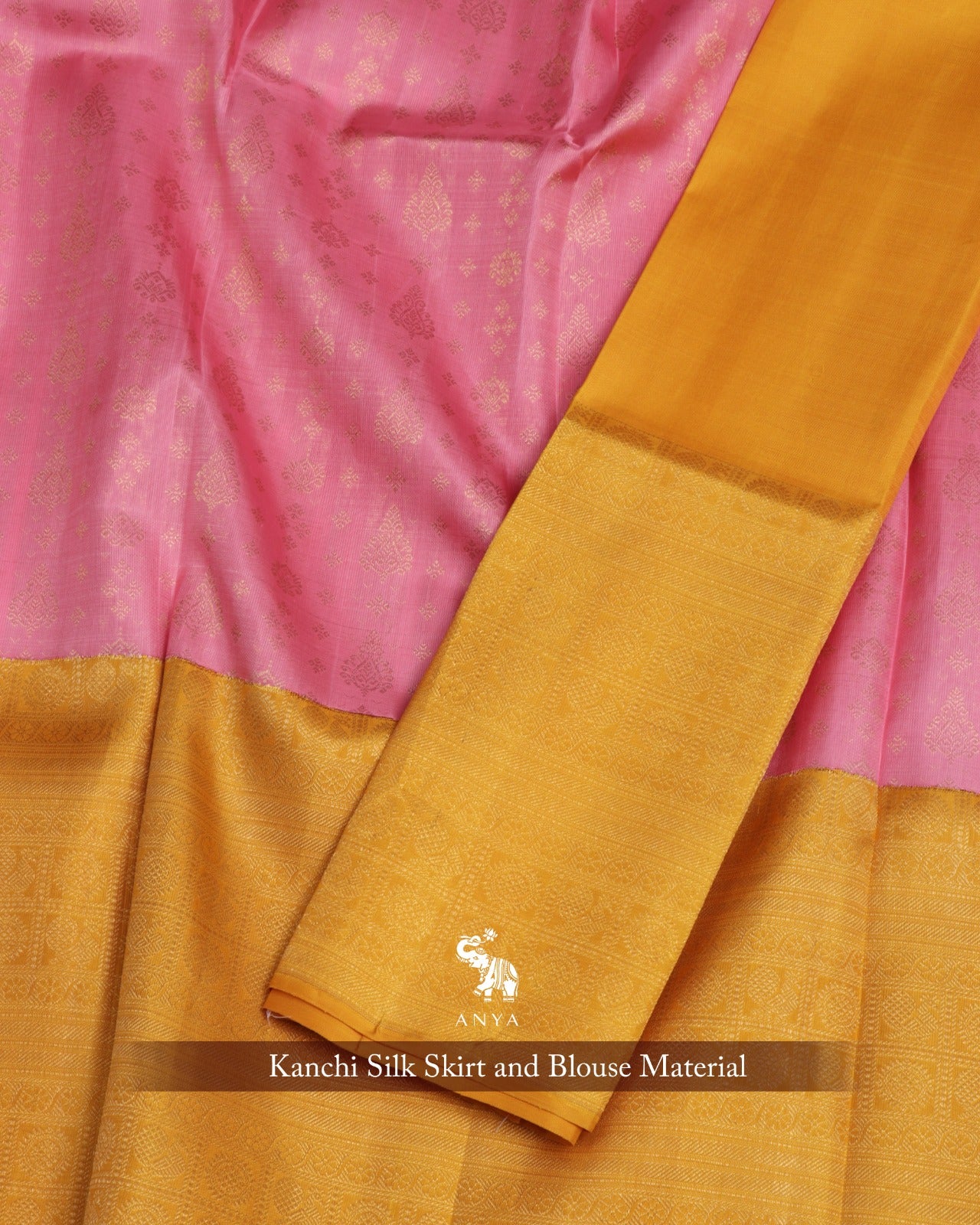 Pink Kanchi Silk Skrit Fabric and Mustard Kanchi Silk Blouse Fabric