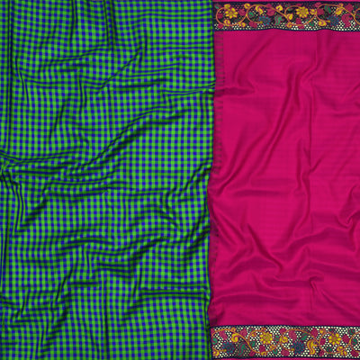 Blue and Green Checked Embroidery Silk Saree