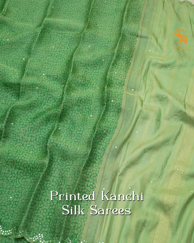 Alli Green Printed Kanchi Organza Silk Saree with Mirror Work Design