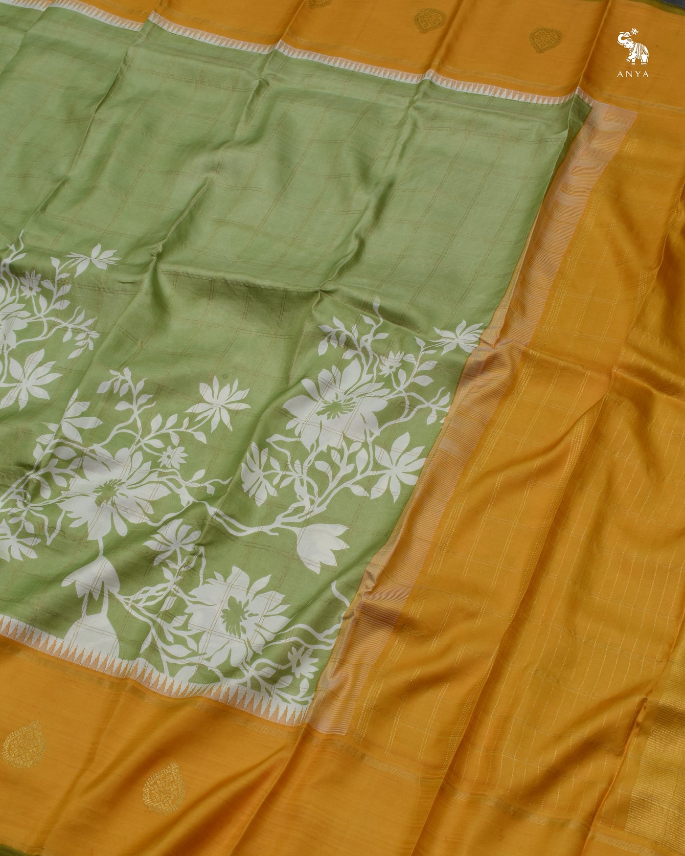 Elaichi Green Printed Kanchi Silk Saree with Floral Print Zari Kattam Design