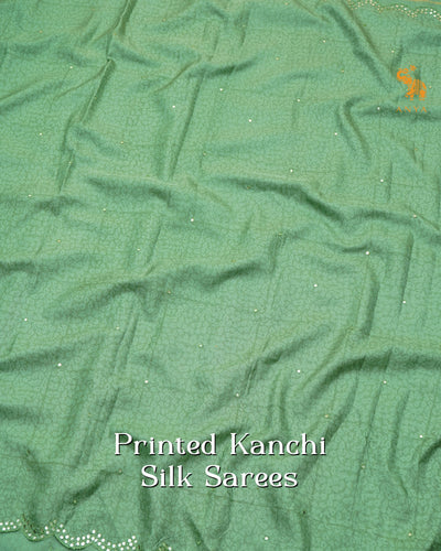Green Printed Kanchi Silk Saree with Scallop Mirror Embroidery Design