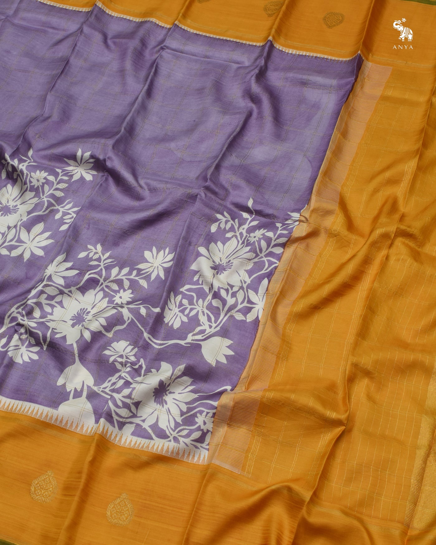 Lilac Printed Kanchi Silk Saree with Floral Print Zari Kattam Design