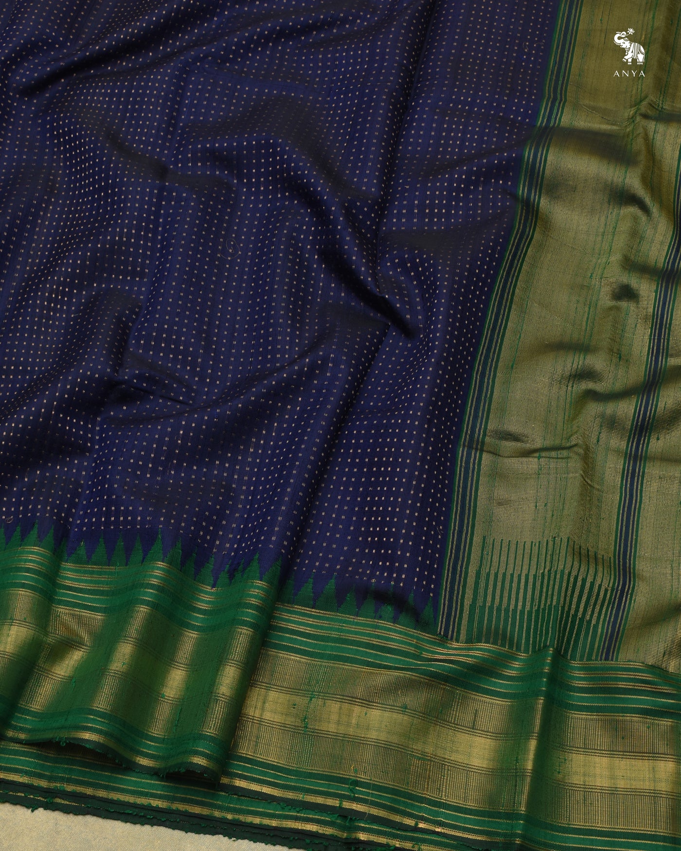 Navy Blue Raw Silk Saree with Dots Zari Butta Design