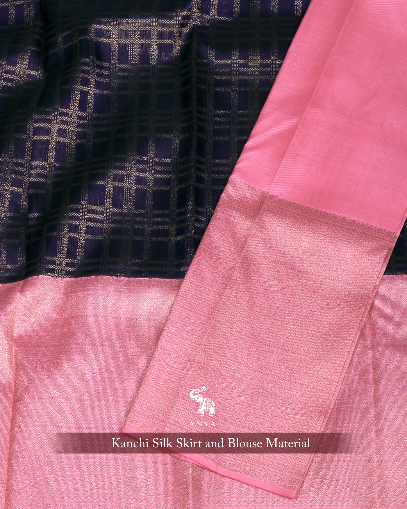 Navy Blue Kanchi Silk Skrit Fabric and Pink Kanchi Silk Blouse Fabric