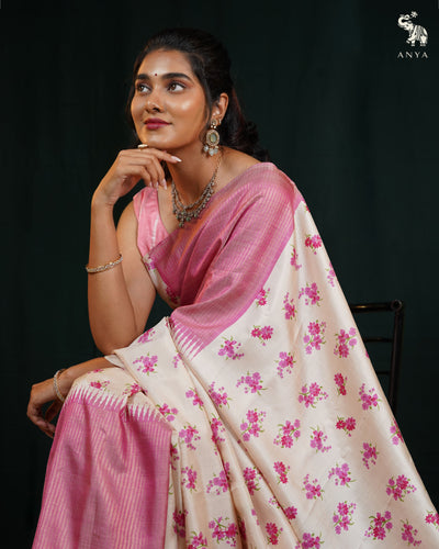 Off White Printed Kanchi Silk Saree with Small Floral Print Design