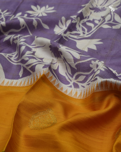Lilac Printed Kanchi Silk Saree with Floral Print Zari Kattam Design