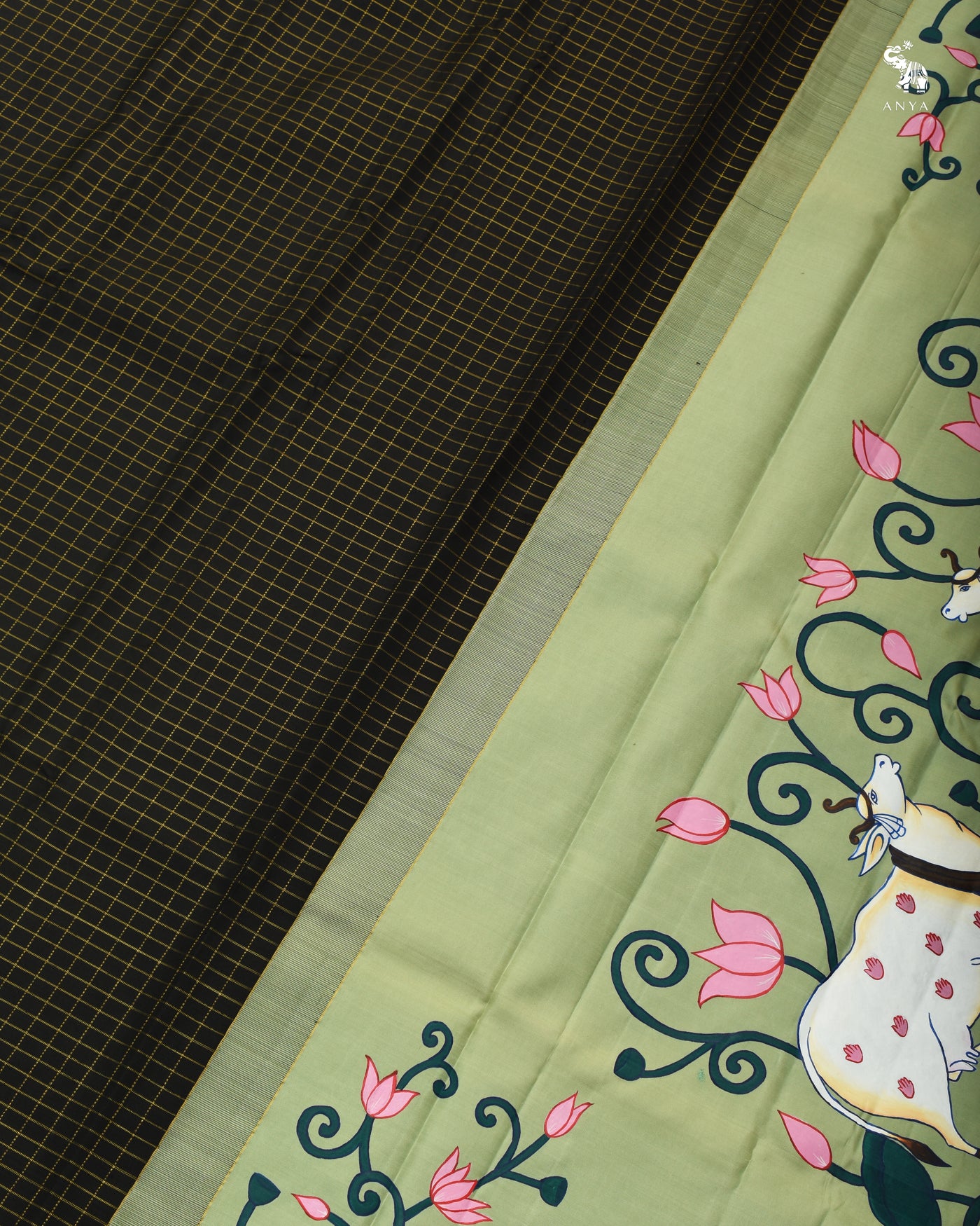 Black Hand Painted Kanchi Silk Saree with zari Checks Design