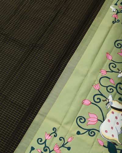 Black Hand Painted Kanchi Silk Saree with zari Checks Design