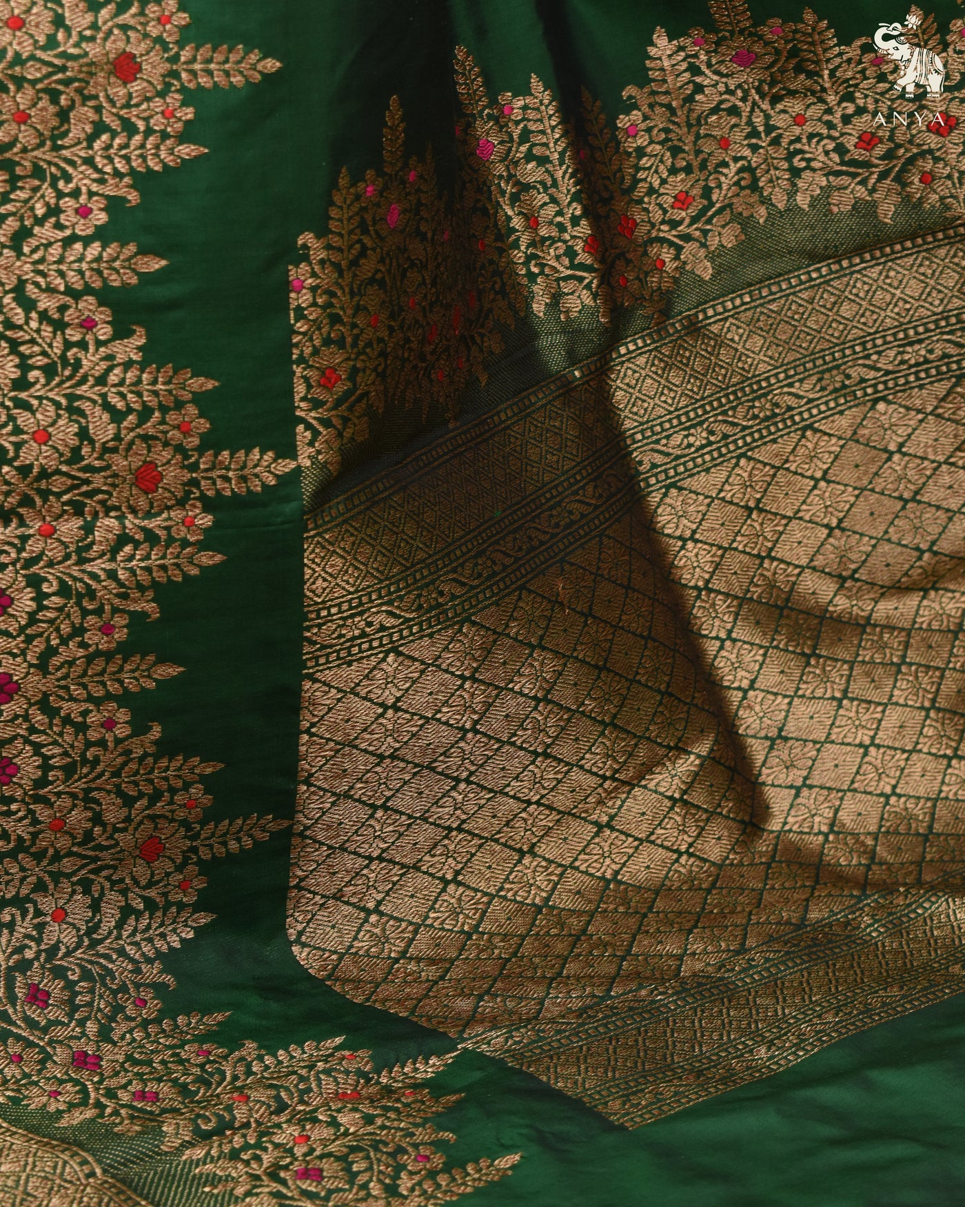 Bottle Green Banarasi Silk Saree with Getty Self Pallu