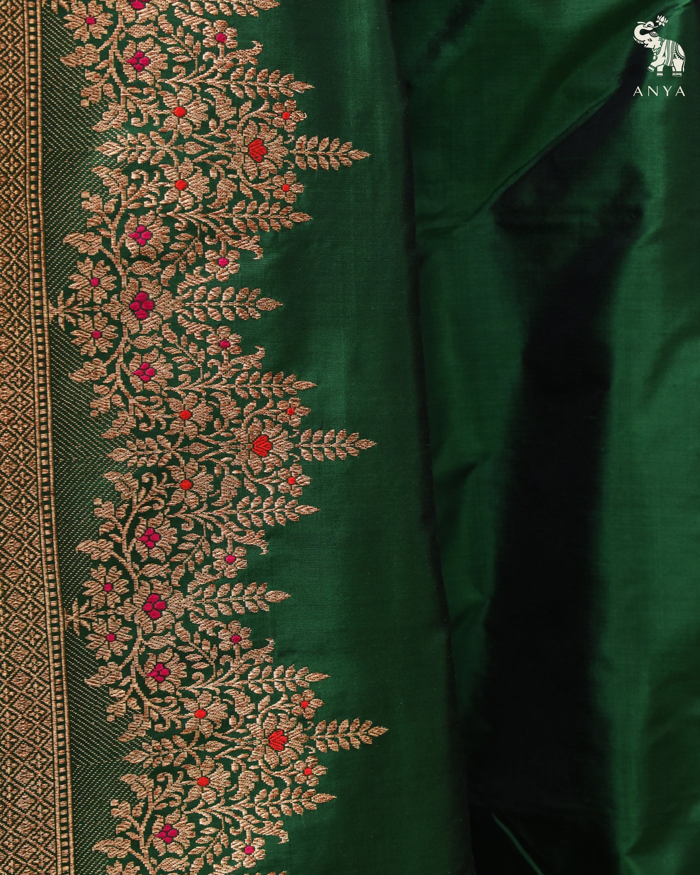 Bottle Green Banarasi Silk Saree with Getty Self Pallu