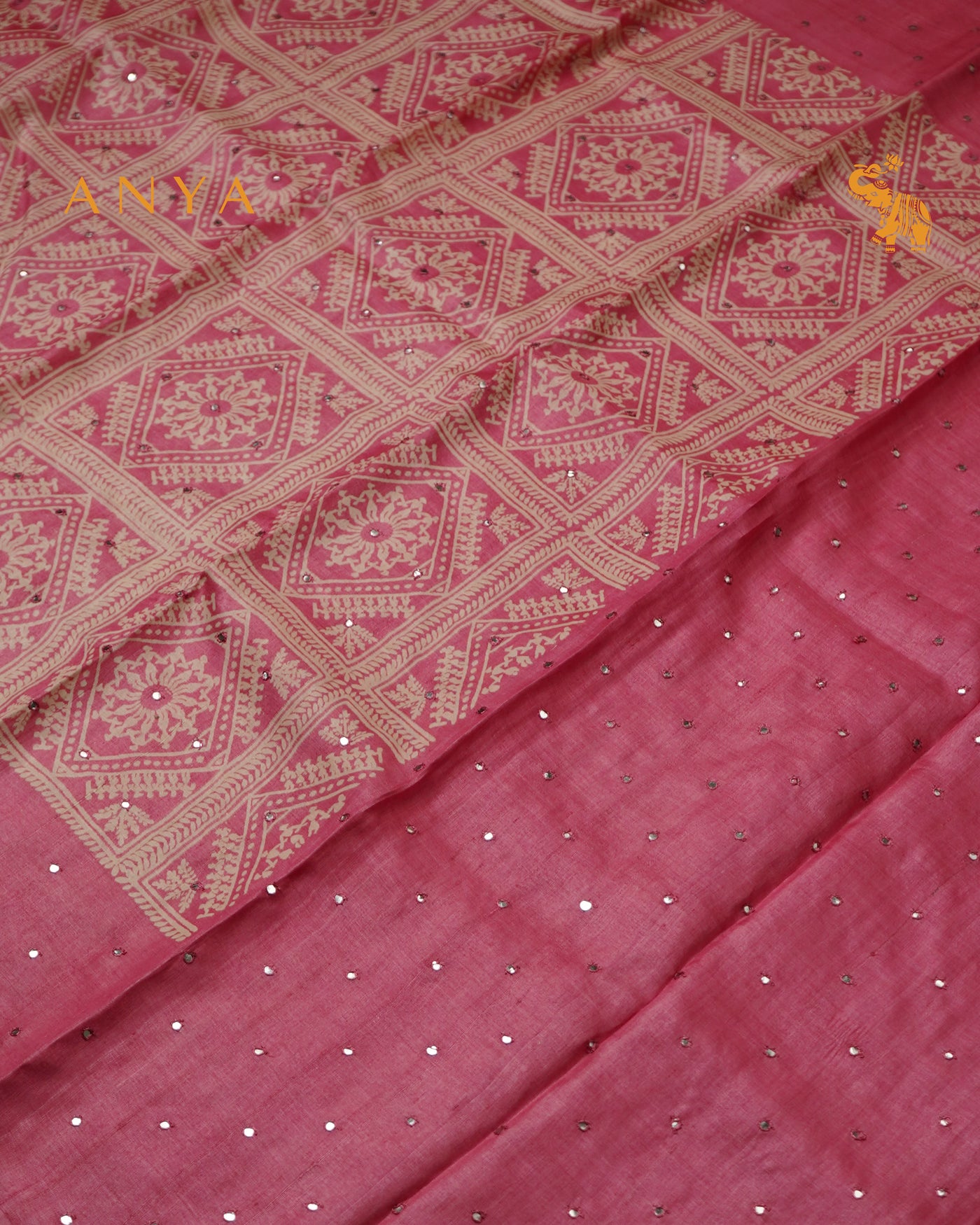 Pink Tussar Silk Saree with Box Print Design