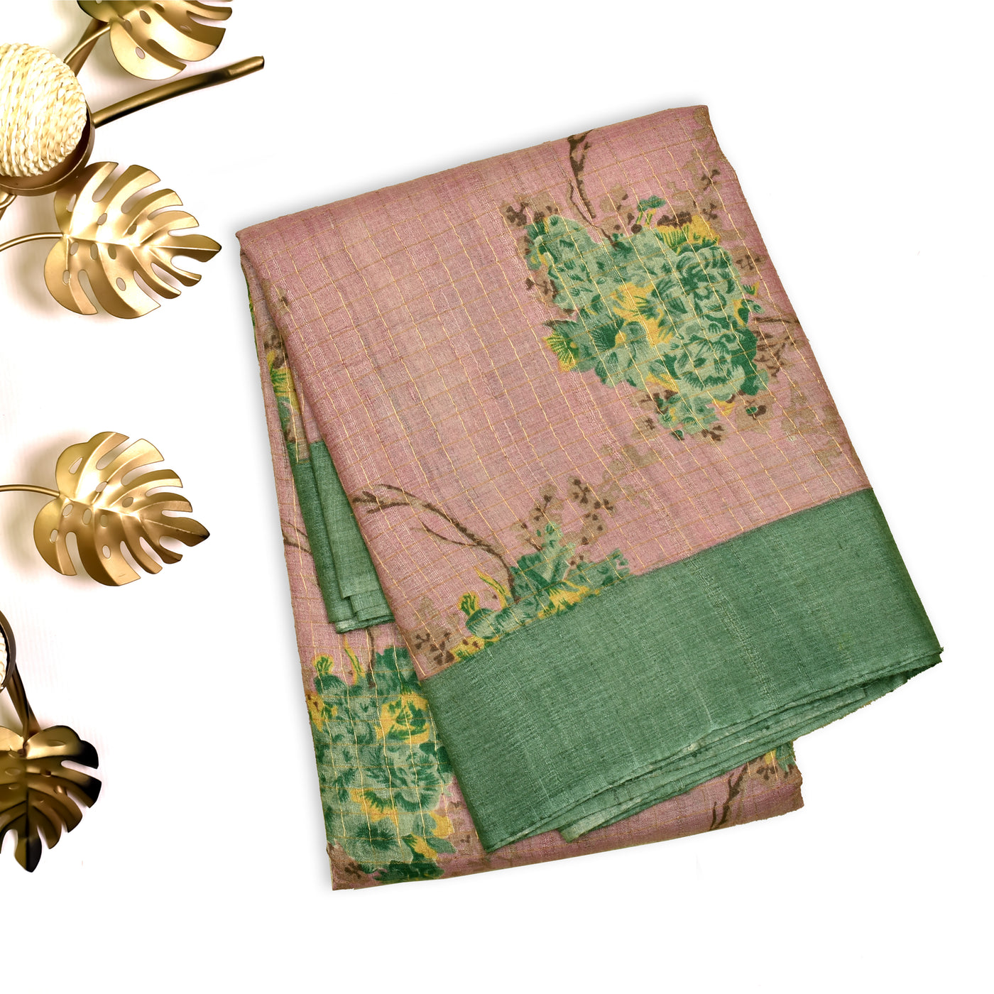 Onion Pink Tussar Silk Saree with Floral Print and Zari Checks Design