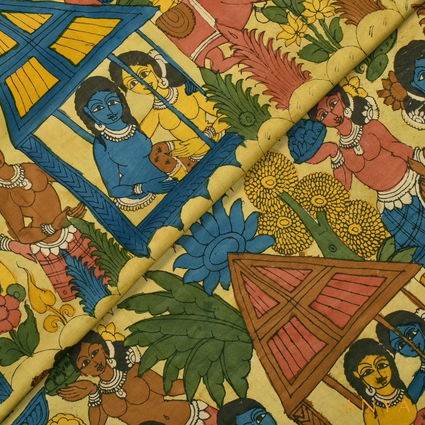 Lemon Yellow Pen Kalamkari Kanchi Silk Fabric with Dancing Doll Design
