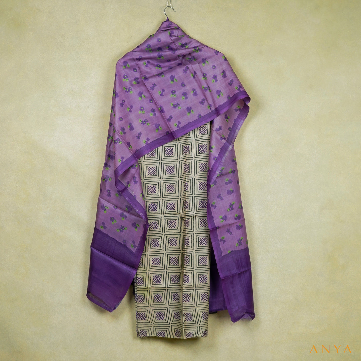 Off White Tussar Silk Salwar with Lavender Floral Printed Dupatta