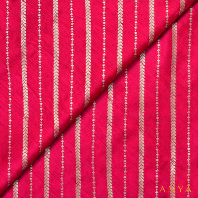 Bright Pink Banarasi Silk Fabric with Cross Stripes Design