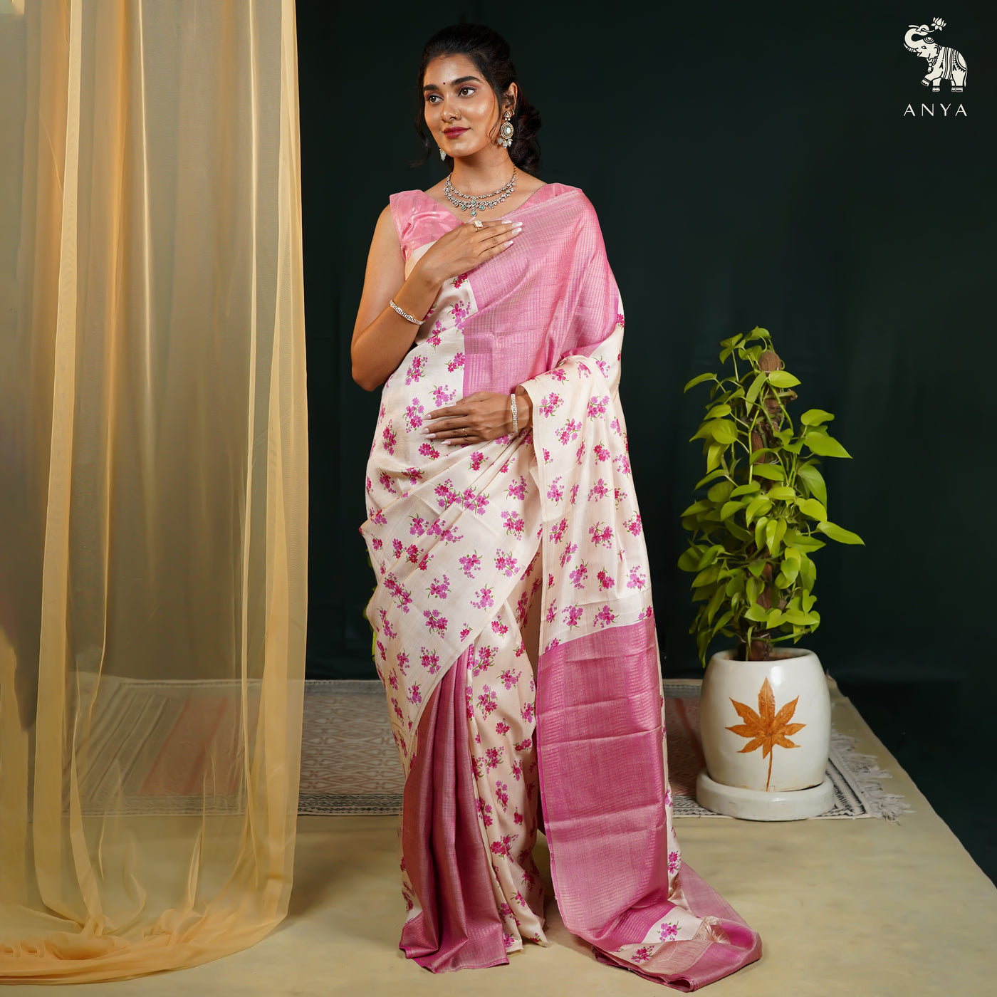 Off White Printed Kanchi Silk Saree with Small Floral Print Design