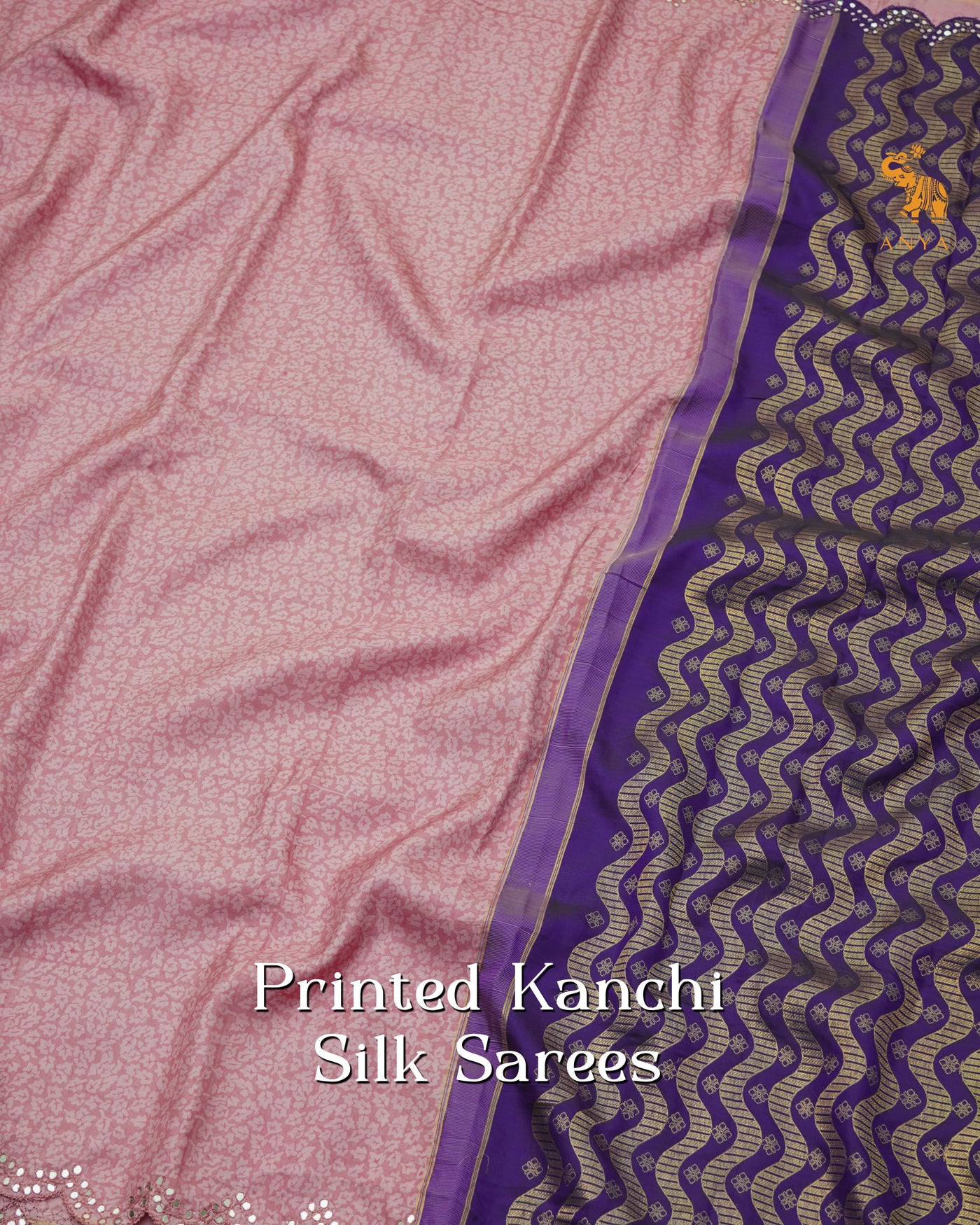 Onion Pink Printed Kanchi Silk Saree with Scallop Mirror Embroidery Design