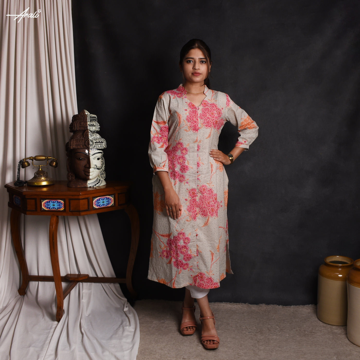 Grey with Peach Hakoba Cotton Kurti