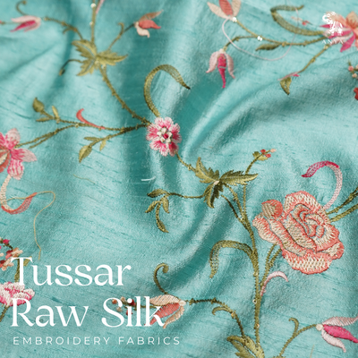 Rexona Blue Tussar Raw Silk Fabric with Floral Creeper Embroidery Design