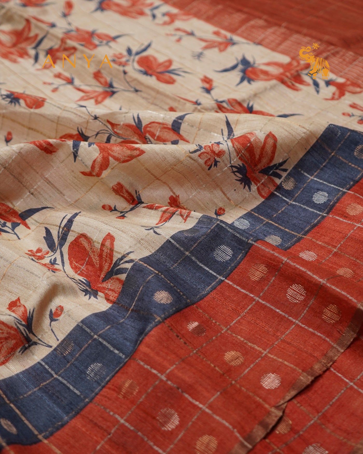 Off White Tussar Silk Saree with Floral Print and Zari Kattam Design