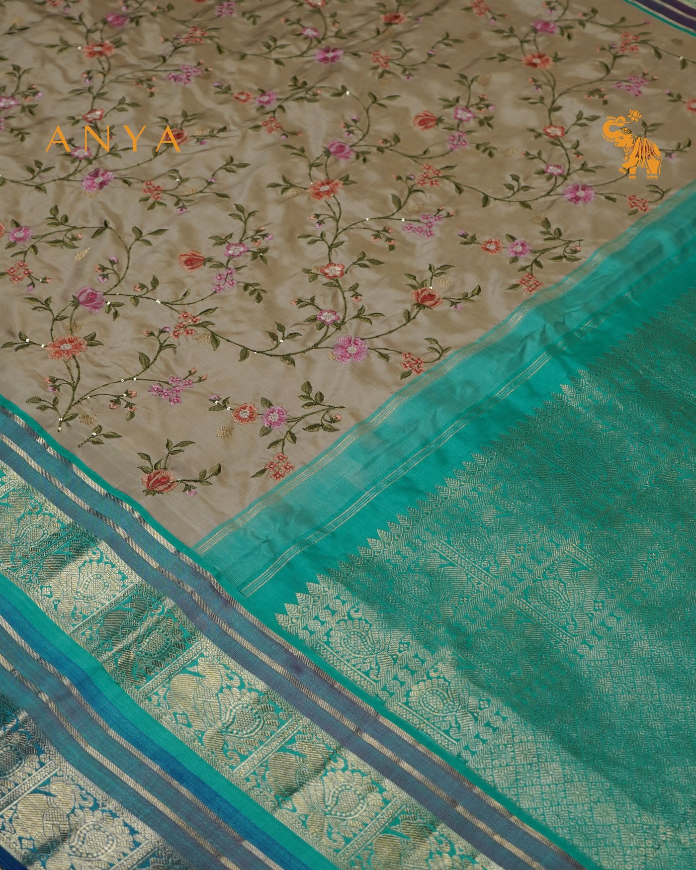 Off White Kanchi Silk Saree with Floral Embroidery Design