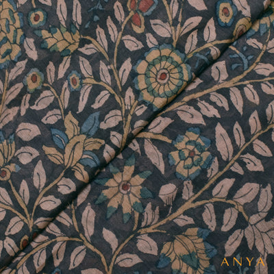 Black Tussar Silk Fabric with Kalamkari Design