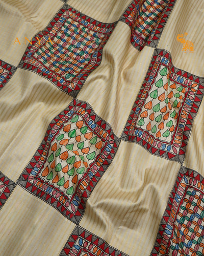 Off White Madhubani Kanchi Silk Saree with Box Pattern Design